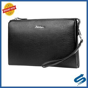Genuine Leather Men's Clutch Bag with Wristlet, 13 Pockets for Business & Travel